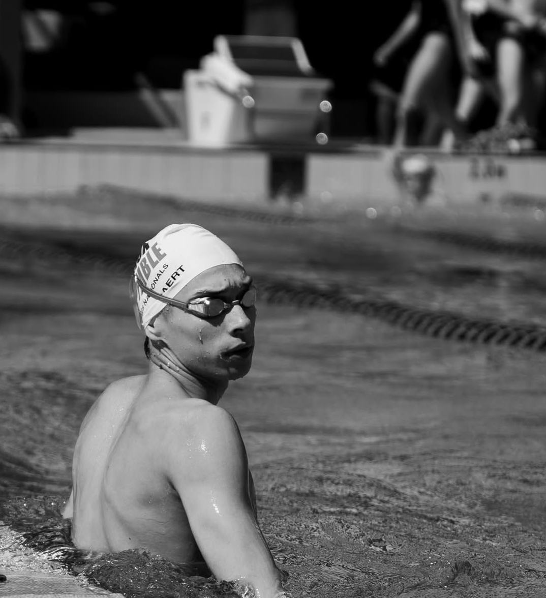 Ethan poolside in black and white